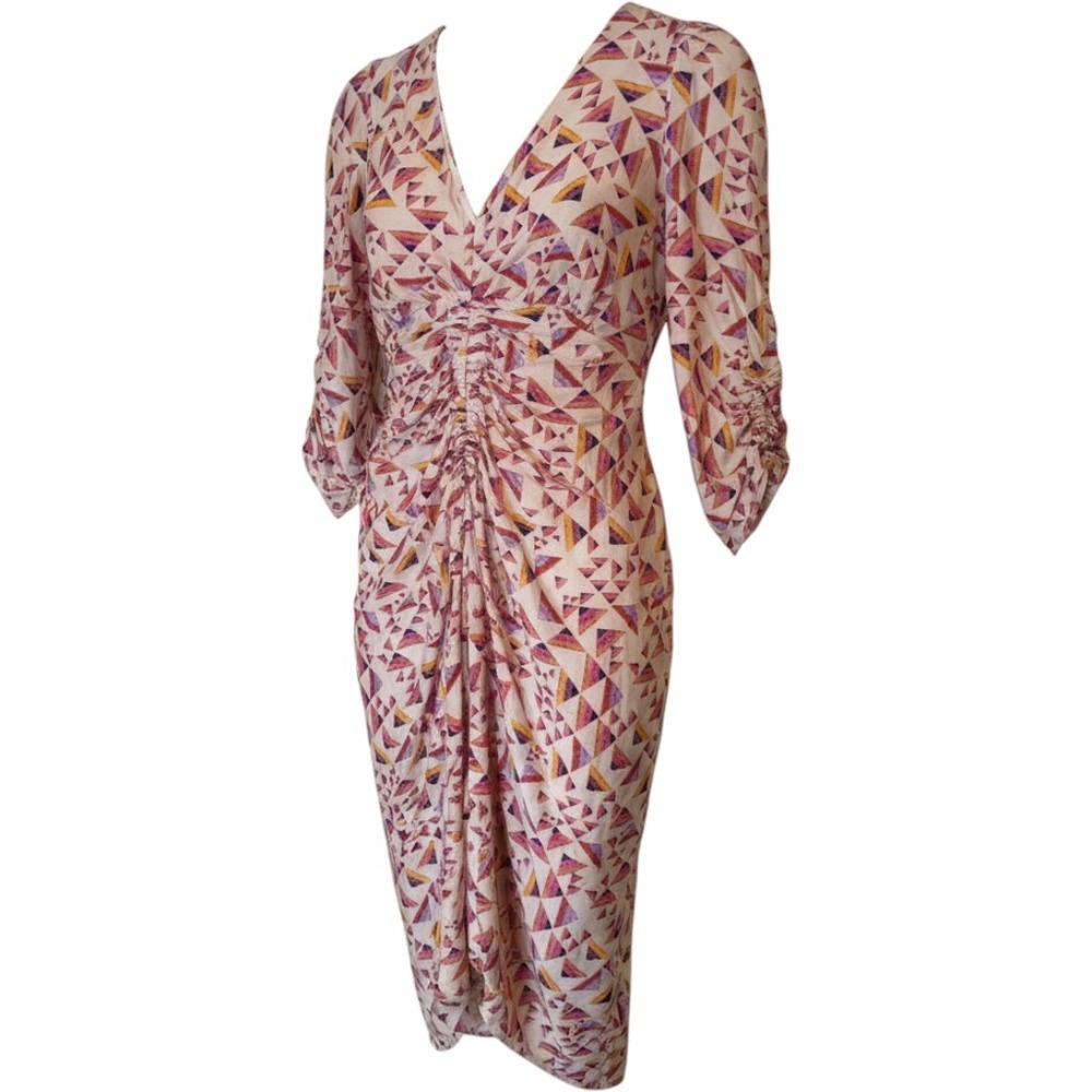 Isabel Marant Albini Ruched Geometric Silk Blend Midi Dress Pink Purple V-Neck